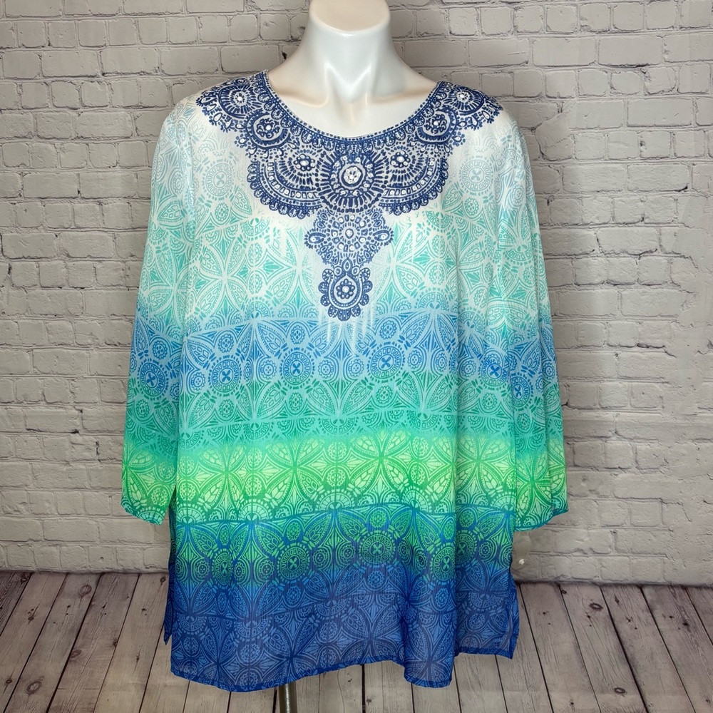 Alfred Dunner Blue and Green Beaded Top Size 22W NWOT